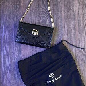 ANINE BING WOMENS BLACK EMBOSSED 100% LEATHER ELLY CLUTCH GOLD CHAIN